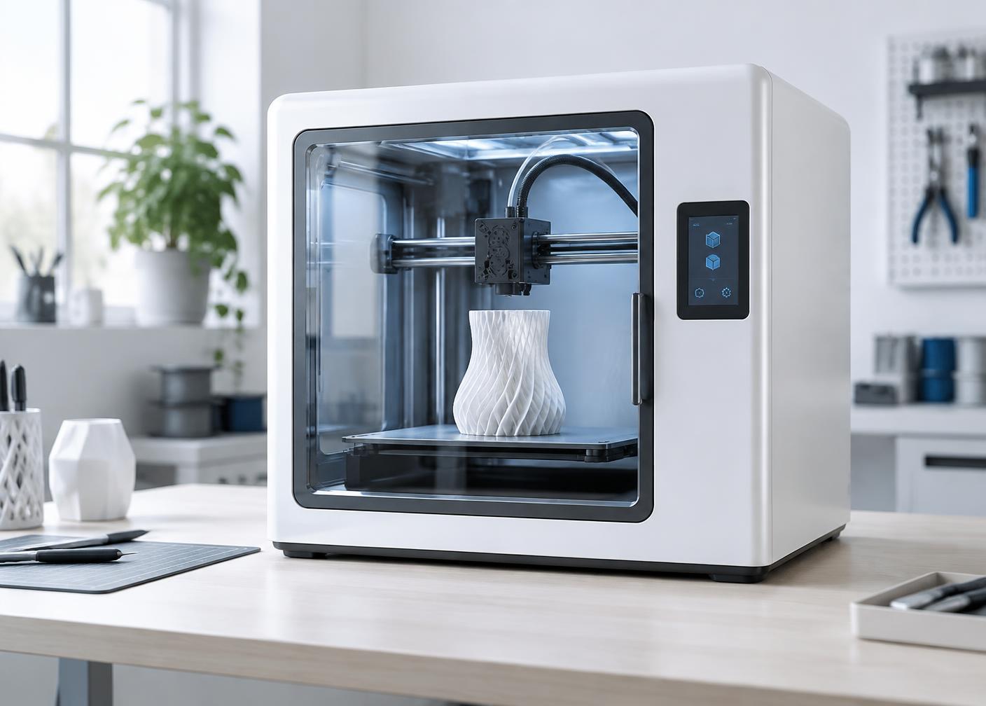 White enclosed 3D printer producing a printed part at Printora 360